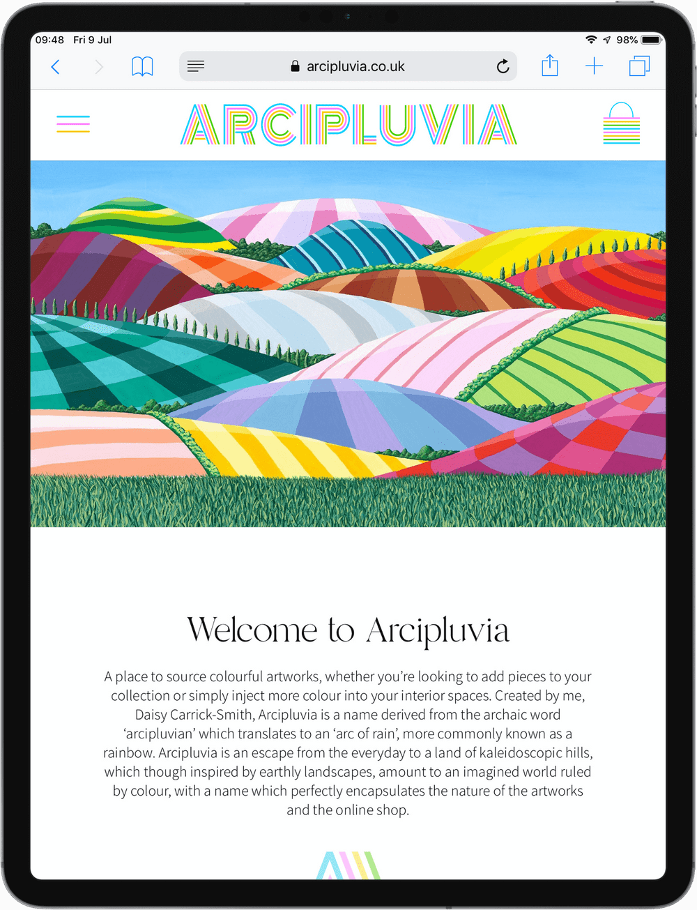 Arcipluvia website example on a tablet-portrait